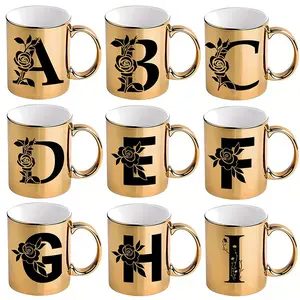 Floral Monogram "A-Z" Coffee Mug, 11oz Ceramic Golden Cup, Hand Wash Only, Reusable, Ideal for Home & Office, Great Gift for Women And Men