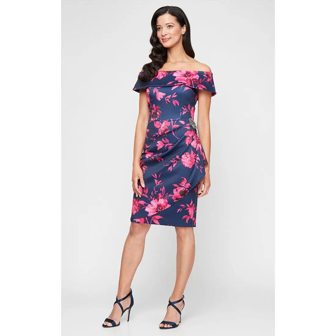 Plus Short Printed Stretch Scuba Crepe Sheath Dress with Embellished Detail at Hip and Cascade Detail Skirt