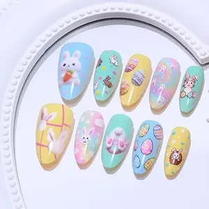 30pcs Easter Bunny Press on Nails Almond Cute Rabbit Fake Nails with Easter Eggs Polka Dots Carrot & Sweet Candy Colors Design Cute Spring Press On Cute Animal False Nails Full Cover Finger for Women