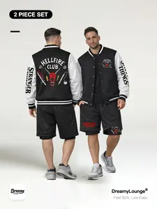 Stranger Things 「2-Piece Set」 Hellfire Club Baseball Shirt + Breathable Mesh Shorts, Casual Fitted Home Wear, Daily Use