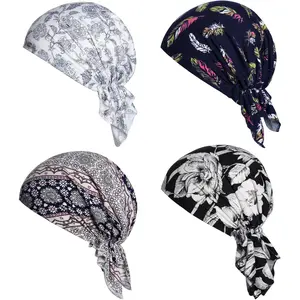 4pcs Pre-Tied Chemo Head Scarf Beanie Covers Cap Head Scarves Sleep Turban Hat Women Bandana with Stretch Print Ruffle