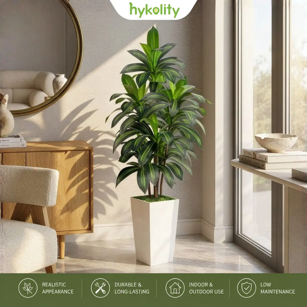 ROMSWI 5FT/6FT Artificial Dracaena Tree with 15.7" White Planter, 60" Tall Faux Potted Plant with Lifelike Green Leaves for Indoor & Outdoor Home, Office & Living Room Decor