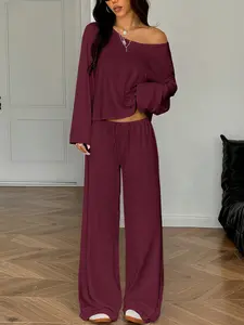 Women's 2 Piece Set/6 Piece One Shoulder Long Sleeve Top Drawstring Waist Pants Wide Leg Home Wear Set, Casual Comfortable