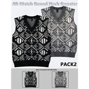 2 PACK Men's Trendy Ethnic style embroidery Vest sweater, Regular Fit Casual Pullover Vest V-Neck Sweater for Fall & Winter, Men's Knit Clothing for Daily Wear��Streetwear��Resort Clothing