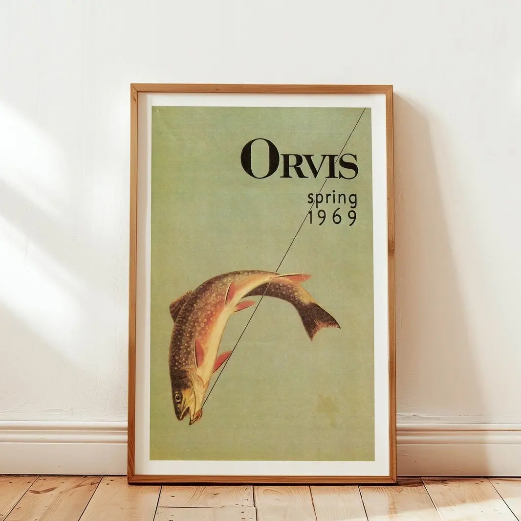 Trout Fly Fishing Print Vintage Poster Art Retro Travel Decor Moody Cabin Wall Art Outdoor Sports Fisherman Gift For Dad