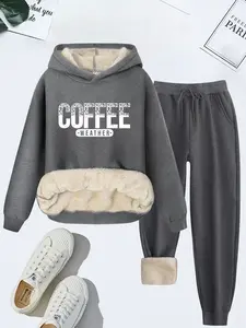 Women's Coffee Weather Print Hoodie & Sweatpants Set, Fleece Lined Thick Casual, Fall Winter Two-Piece Set, Plain Style