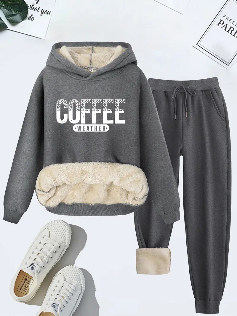 Women's Coffee Weather Print Hoodie & Sweatpants Set, Fleece Lined Thick Casual, Fall Winter Two-Piece Set, Plain Style