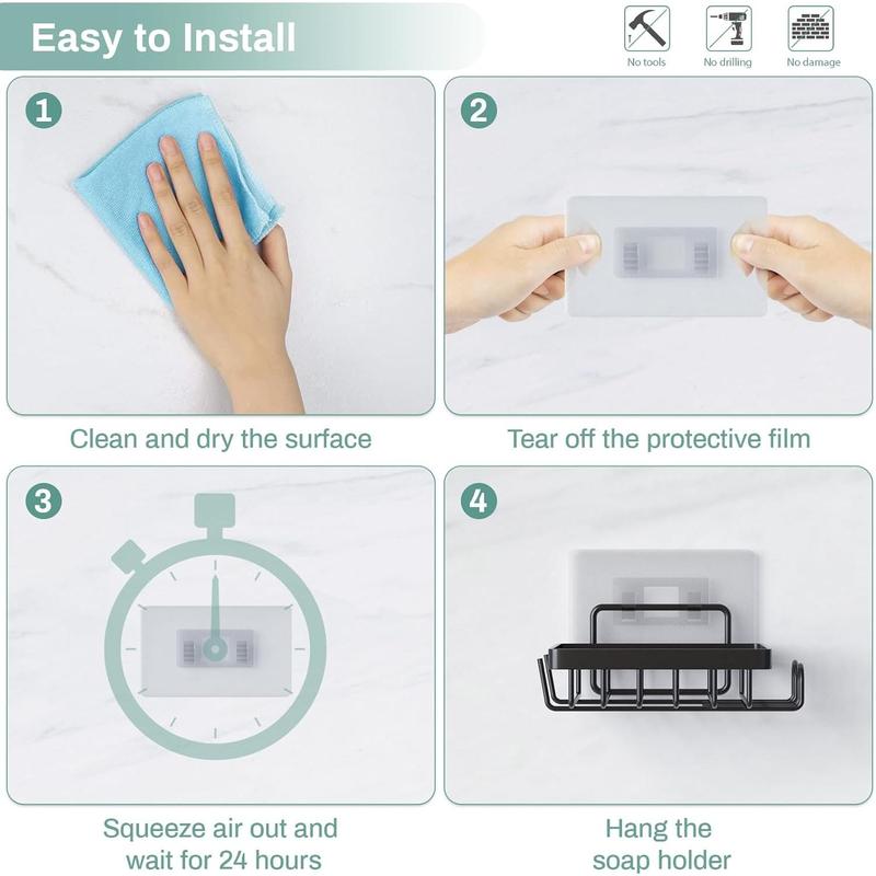 Adhesive Soap Bar Holder for Shower Wall, Self Draining Soap Dish Container  Saver with 2 Hooks for Razor Loofah, Shampoo Sponge Tray Case Box for Bathroom Kitchen Sink, Black