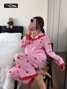 Valentine's Day Women's Sleepwear Set, Heart Print Striped Ruffle Long Sleeve Pajamas, Button Front Fit Comfortable Casual Loungewear Homewear