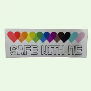 Safe With Me Bumper Sticker - 8.57" x 3" Adhesive Vinyl Decal for Car Pride & Allyship Rainbow Heart Design