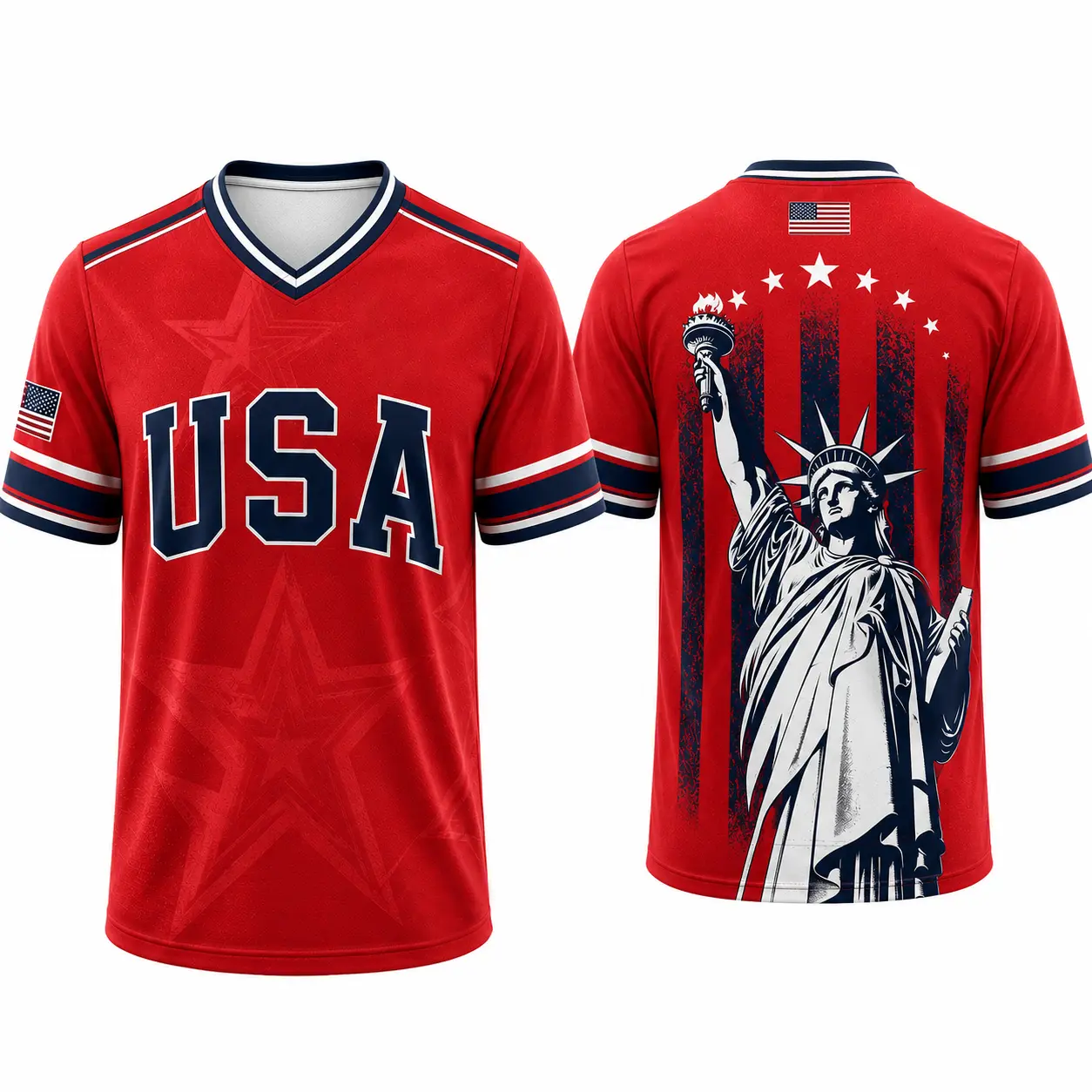 2026 USA Soccer Jersey - Men's & Women's Navy Patriotic V-Neck Sports Top with Statue of Liberty, American Flag Stars & Stripes Graphic, Patriotic Apparel for Women