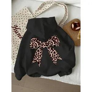 Thick leopard print hooded sweatshirt | Tween girls’ casual long-sleeve bow design, black cartoon pattern pullover, machine washable spring/fall regular fit top