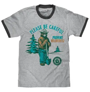 Smokey Bear Please Be Careful Prevent Wildfires Ringer T-Shirt - Gray and Black