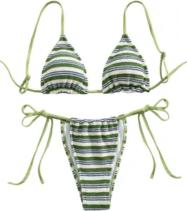 Women's Striped High Waisted Bikini Sets Cute Cheeky Triangle String Thong Swimsuit Bathing Suit 2 Piece