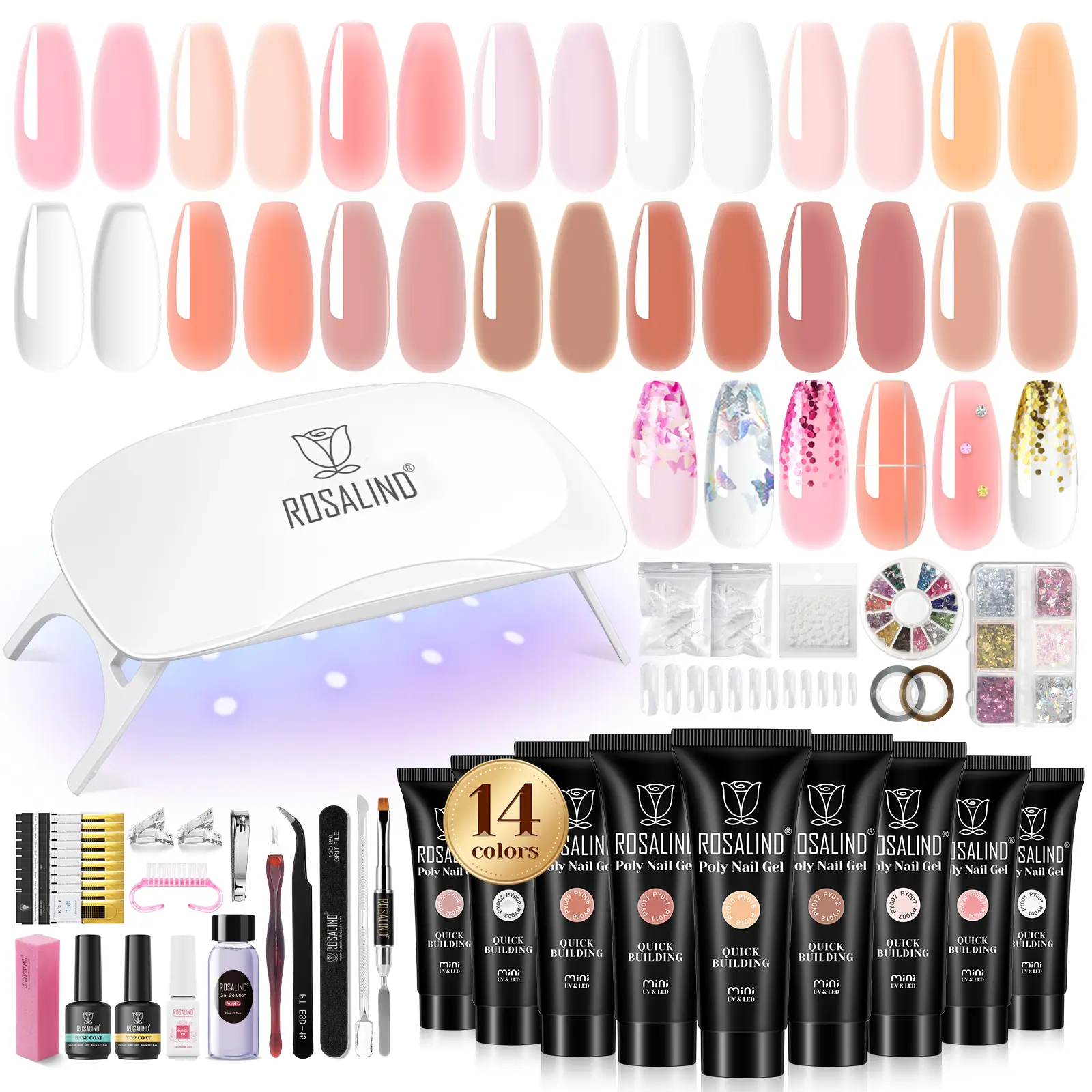 ROSALIND Multicolors Poly Nail Gel Kit 14/20/28 Tubes Mini Sheer Nude Pink High Gloss Beginner Friendly Extension Strengthener Nail Art Accessories Starter Kit DIY Multiple Styles