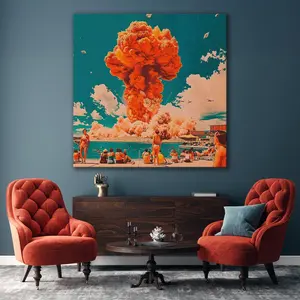Ironic Beach Atomic Bomb Poster, Surrealist Wall Art, Classic Dark Humor Sci-Fi Print, Aesthetic Retro Futurism Decor, Unframed Print Only