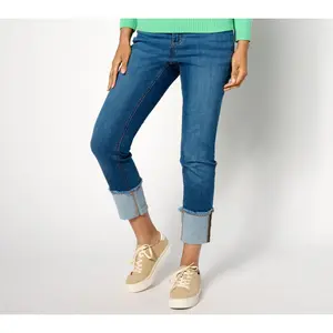 Denim & Co. Easy Stretch Petite Straight Leg Cuffed Jean