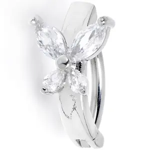 14 Gauge 3/8 Clear CZ Gem G23 Titanium Butterfly Hinged Hoop Belly Ring