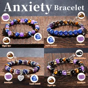 4 Styles Natural Stone Anxiety Bracelet, Amethyst Yellow Tiger Natural Stone Bracelet, Spiritual Feng Shui Bracelet Stress Relief and Calming Christmas Gift pulsera  amatista
