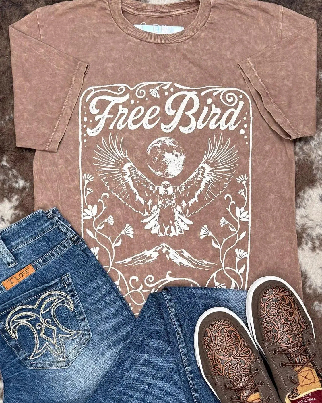Women's Free Bird Graphic Short-Sleeve T-Shirt - Mocha, Ivory, Faded Brown, Mountain Print, Soft Fabric