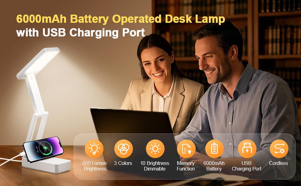 ONF FIRE Brand Rechargeable Lamps Cordless 6000mAh Battery Powered Lamp 3 Colors Dimmable Desk Light with USB Charging Port 45min Timer Wireless Portable Light Battery Operated