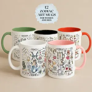 All 12 Zodiac Signs Astrology Coffee Mug Collection Birthday Gift for Horoscope Lovers, Colorful Ceramic Drinkware, USA-Made and Printed Mug Set	