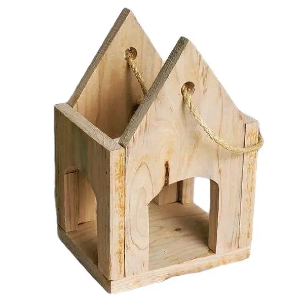 6" Hand Crafted Wooden Lanterns with Rope Handle Natural Wood Design Decorative Item, (Cedar), Pointed (Pitch) Top.