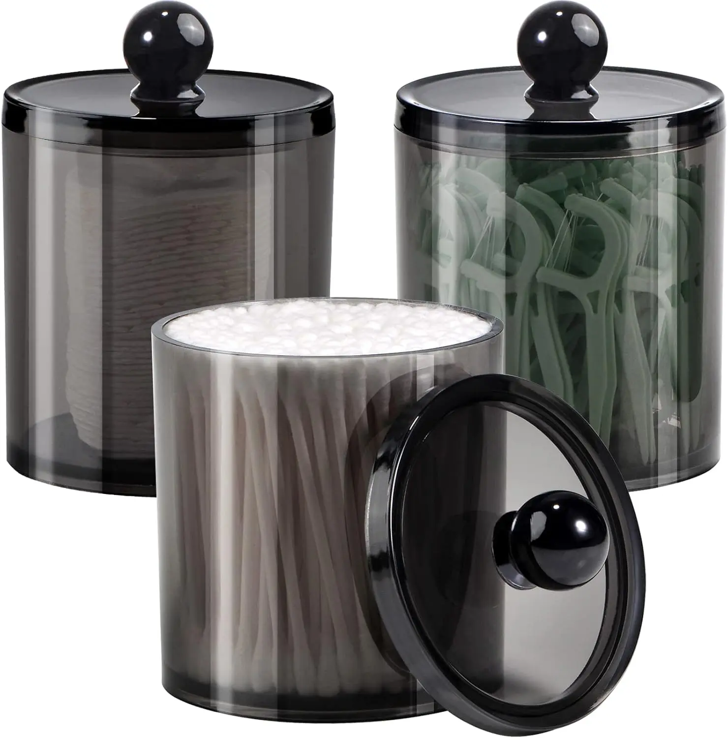 3 Pack Qtip Holder,Apothecary Jars with Lids, Cotton Round Holder with Labels,Minimalist Shatterproof Bathroom Organizer Set for Cotton Swabs,Balls,Pads,Bathroom Accessories (Black)