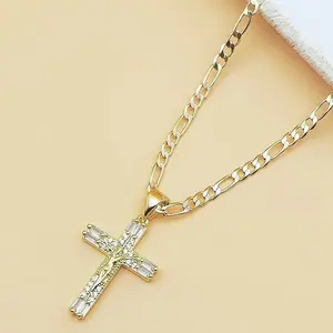 Gold Plated Cross Necklace for Men Women Cubic Zirconia Crucifix Pendant Figaro Chain Religious Jewelry Hip Hop Style Gift Elegant Design