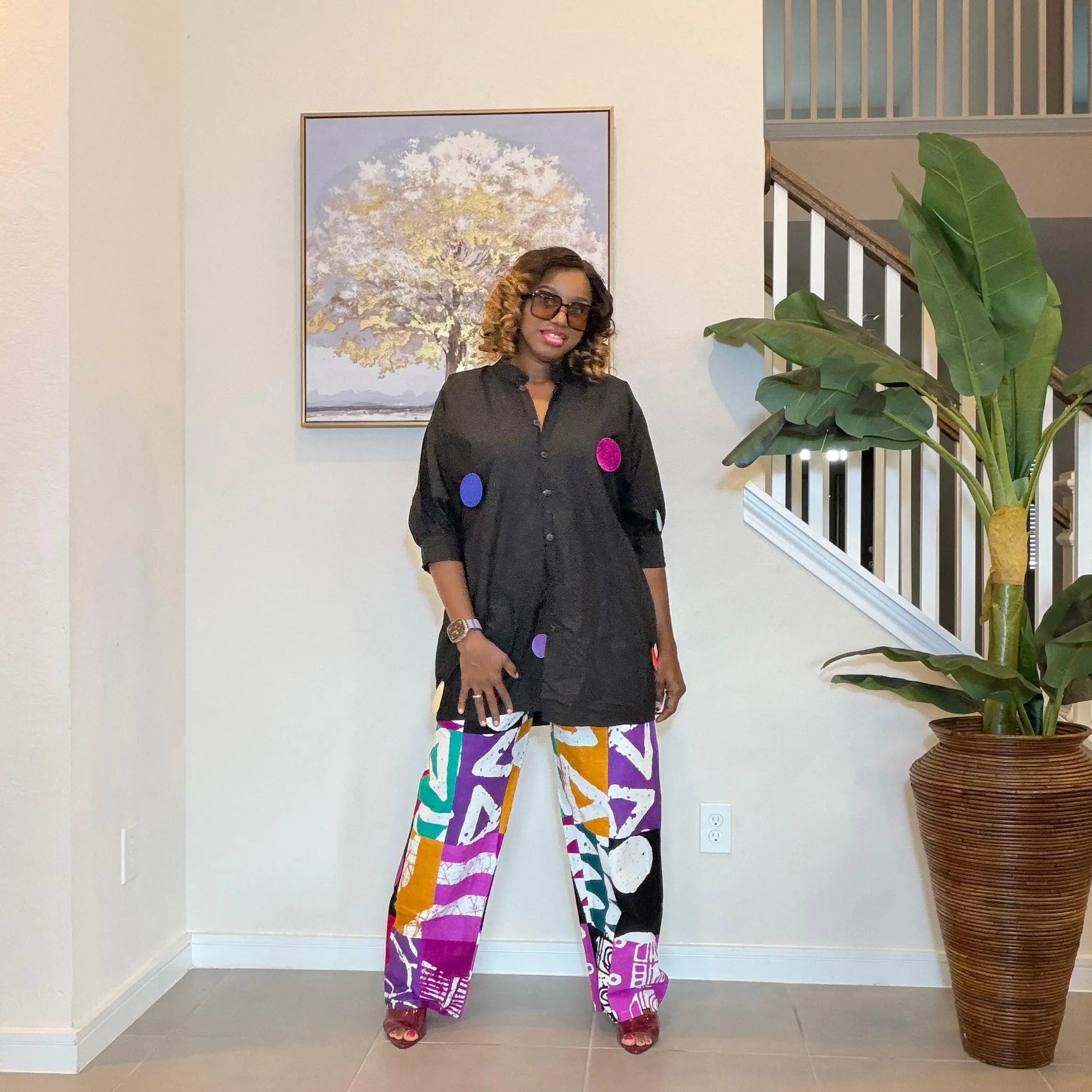 Ankara Two‑Piece Set, Colorful Print Pants, Handmade African Wear