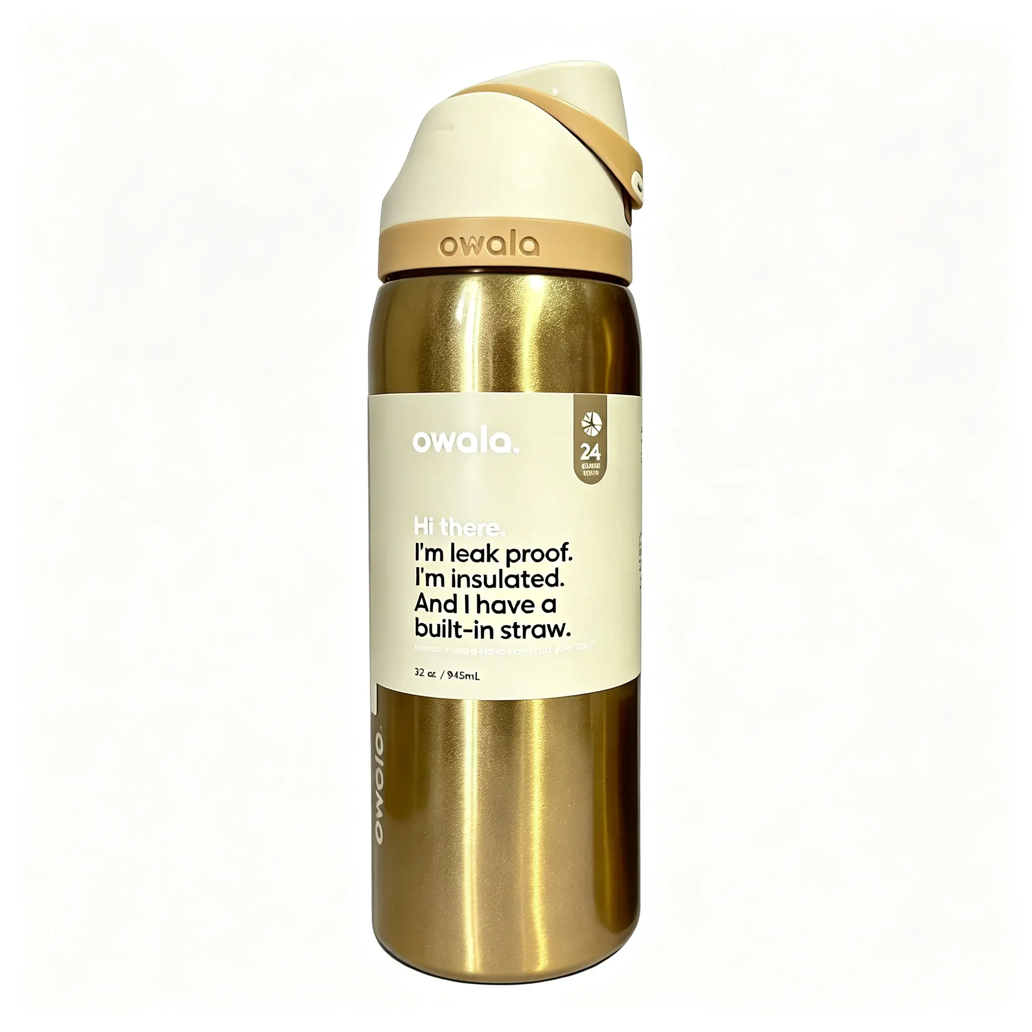 Owala 32oz Metallic Gold Stainless Steel Water Bottle, Flip Top Leak-Proof Lid, Vacuum Insulated, BPA-Free Portable Tumbler for Gym, Travel, School & Daily Outdoor Use
