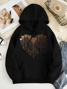 Women's Heart Print Drop Shoulder Thermal Lined Hoodie, Fashion Casual Drawstring Pocket Hooded Sweatshirt for Daily Holiday Outdoor Wear, Women Clothing for Fall & Winter