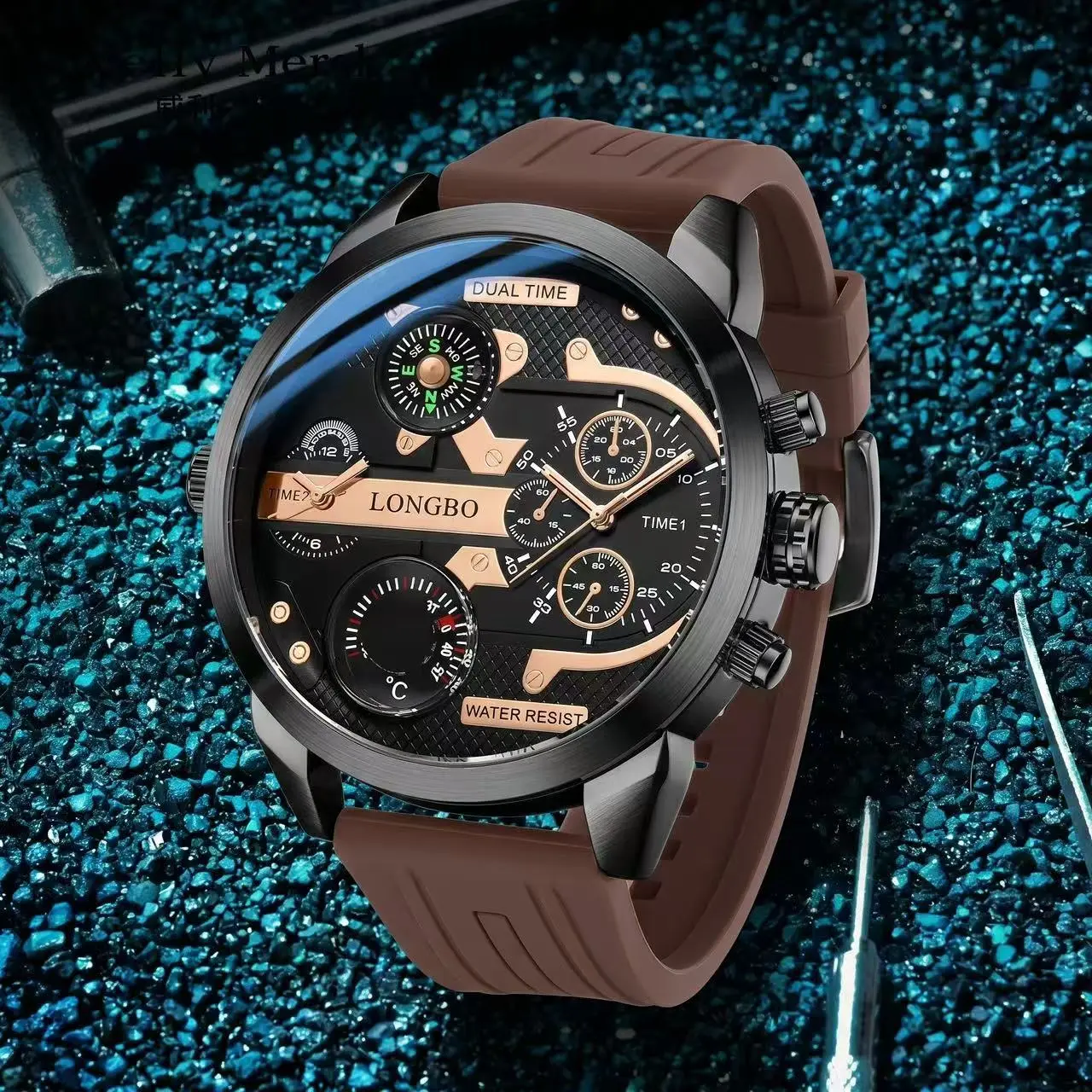 Men's Oversized Multifunction Watch with Classic Round Dial, Streetwear Wristwatch Featuring a Compass and Thermometer for Casual Outfits, Men's Watches