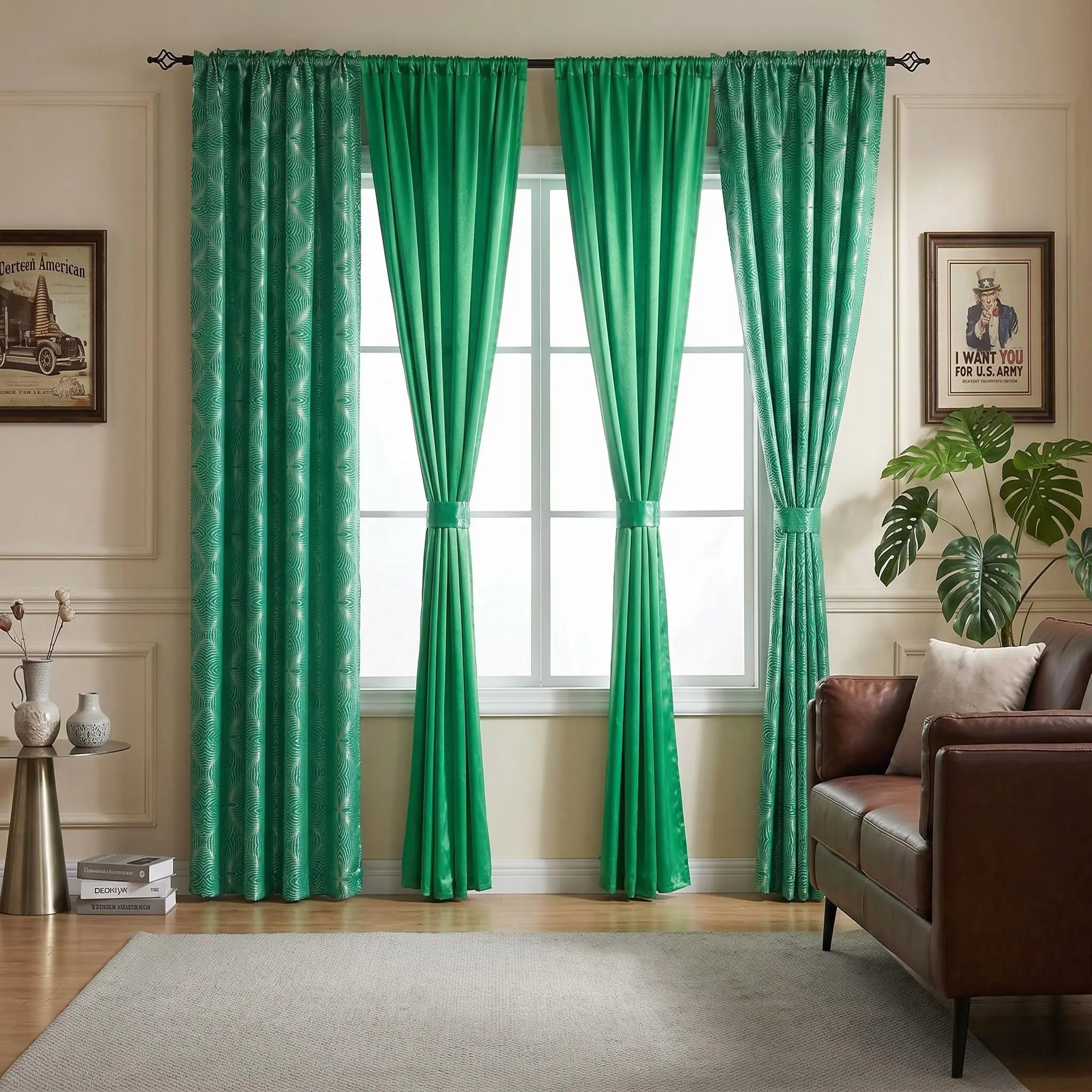 4 Piece Combination Set2 Crinkled Satin Curtains & 2 Diamond Pattern Jacquard Curtains, ：52x90 Inch Rod Pocket Curtain Combo Mixed Style Window Drapes for Home Decoration DA01 02, Light Filtering Curtains