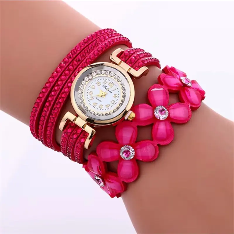 Women's Crystal Flower Wrap Watch Bracelet | Boho Rhinestone Quartz Wristwatch - Multi Colors