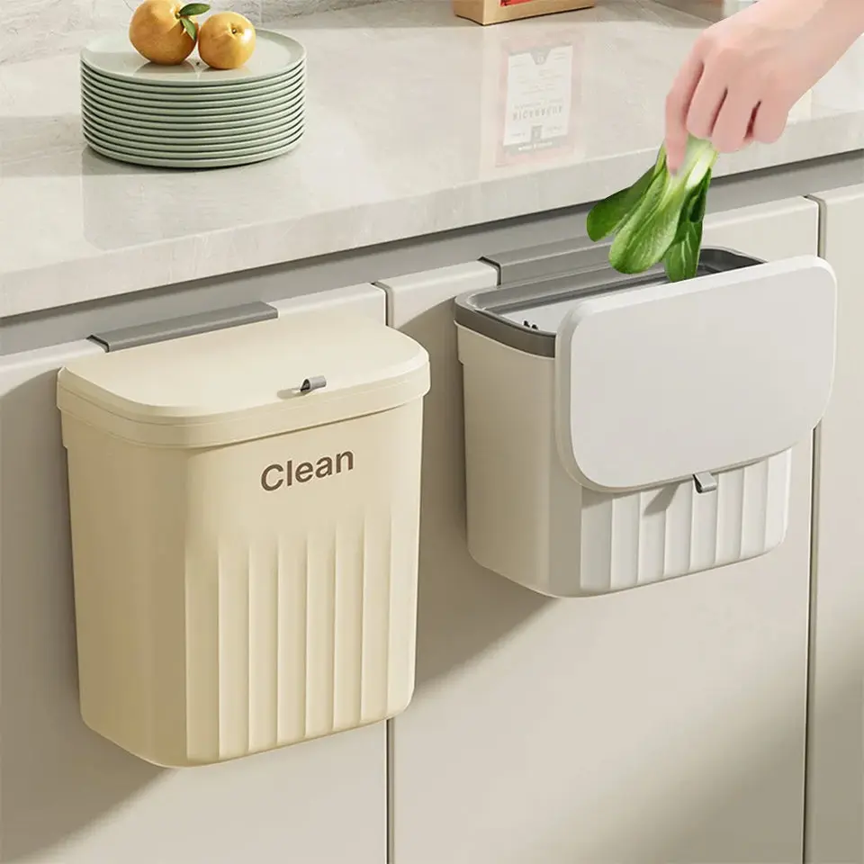 8.5/12L Hanging Trash Can for Kitchen Cabinet Door Wall Mounted Recycling Garbage Basket with Lid Bathroom Kitchen Accessories