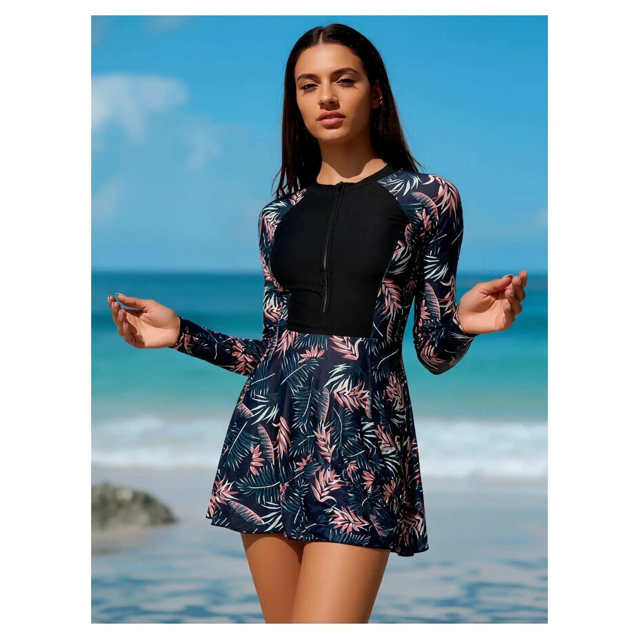 Tankini Swimsuit for Women Black Printed Two Piece Swimsuit Zipper Front Swimwear with Shorts Tummy Control Bathing Suit for Beach Vacation