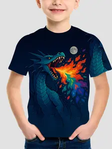 High-Quality Fashion T-Shirt, Captivating Fire Breathing Dinosaur Print, Fun Design, All Seasons, Outdoor Sports Wear, Funny Graphic Tees
