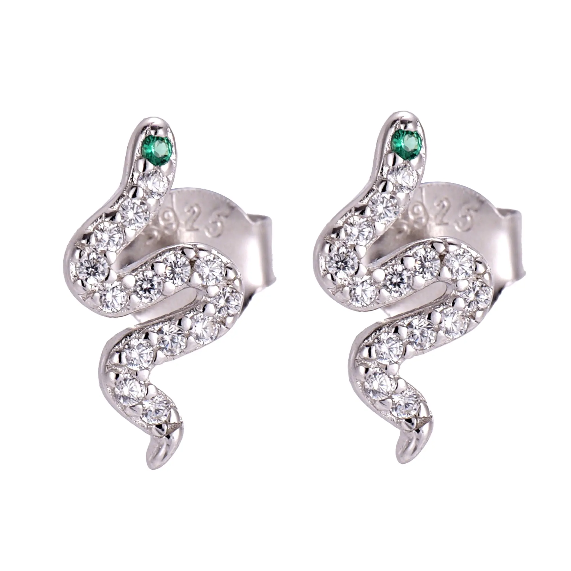 Dainty Snake Stud Earrings - 925 Sterling Silver - Sparkling CZ Accents