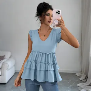 Rosette&Co Women's Babydoll Sleeveless Top V Neck Ruffle Peplum Shirts for Summer Cute 2026 Trendy Babydoll Style Fit Any Body Type Elastic Ruffle Sleeves - Womenswear, Bag