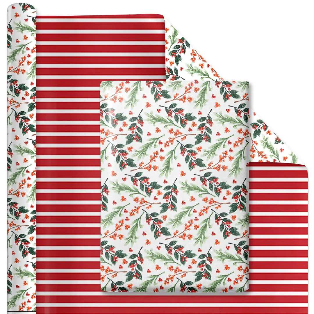 Double Sided Holiday Gift Wrapping Supplies, 30"x10' Large Roll Gifts & Wrapping Paper, Greens and Berries-Red and White Stripe Design, Wrap Gifts & Wrapping