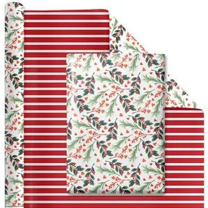 30" x 10' Holiday Reversible Wrapping Paper | Greens and Berries/Red and White Stripe