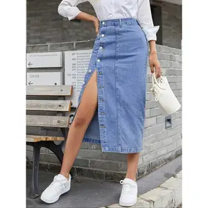 Elegant High-Waisted Denim Skirt for Women, Front Button Design, Split Thigh, Slimming Effect, All Seasons Wearable