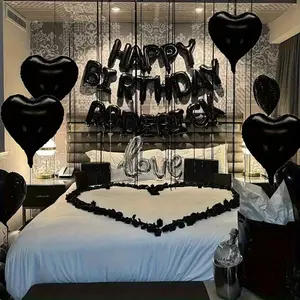 1024pcs of Black 16.0-Inch Happy Birthday Balloons, Featuring Black Heart-Shaped And Silvery Love Balloons, Including Black Petals - Perfect for Birthday Parties, Anniversary And Romantic Celebrations