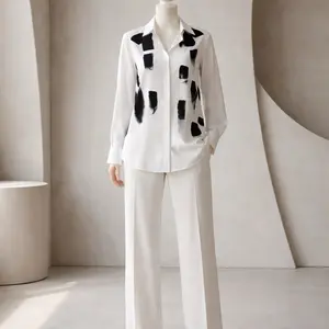 Abstract Print Long Sleeve Shirt for Women - White with Black Hand Painted Patterns, Casual Style, Regular Fit