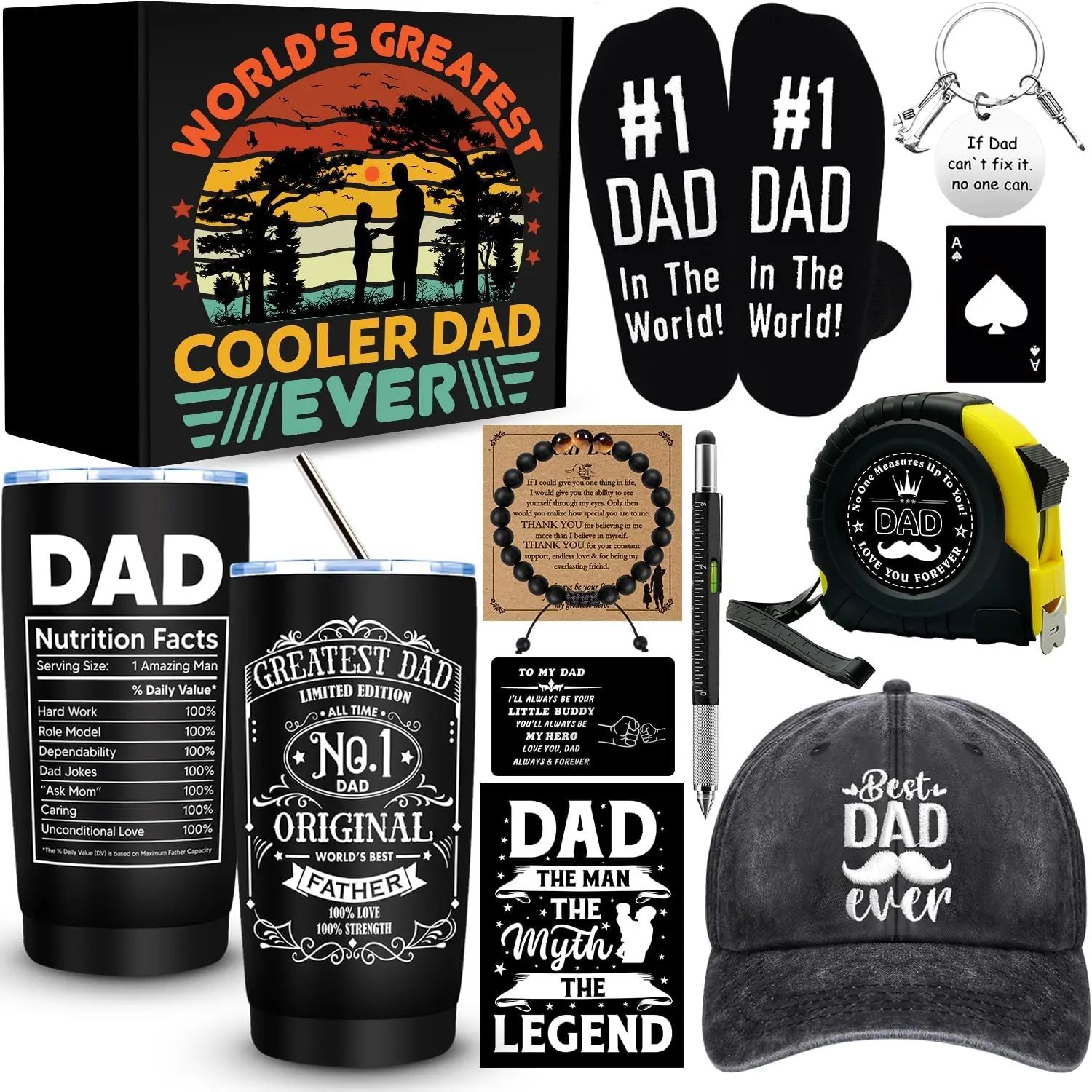 11 count Dad Gifts for Men, Father's Day Gifts,  Dad Ever  with 20 Oz Tumbler Socks Baseball Cap Tape Measure Bracelet Wallet Card , Fathers Day Birthday Christmas  for Dad Husband