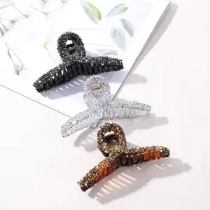 Fashion Diamond-Studded Hair Claw Shark Clip Classic Tortoiseshell Pearl Rhinestone Hair Claw Hair Accessory