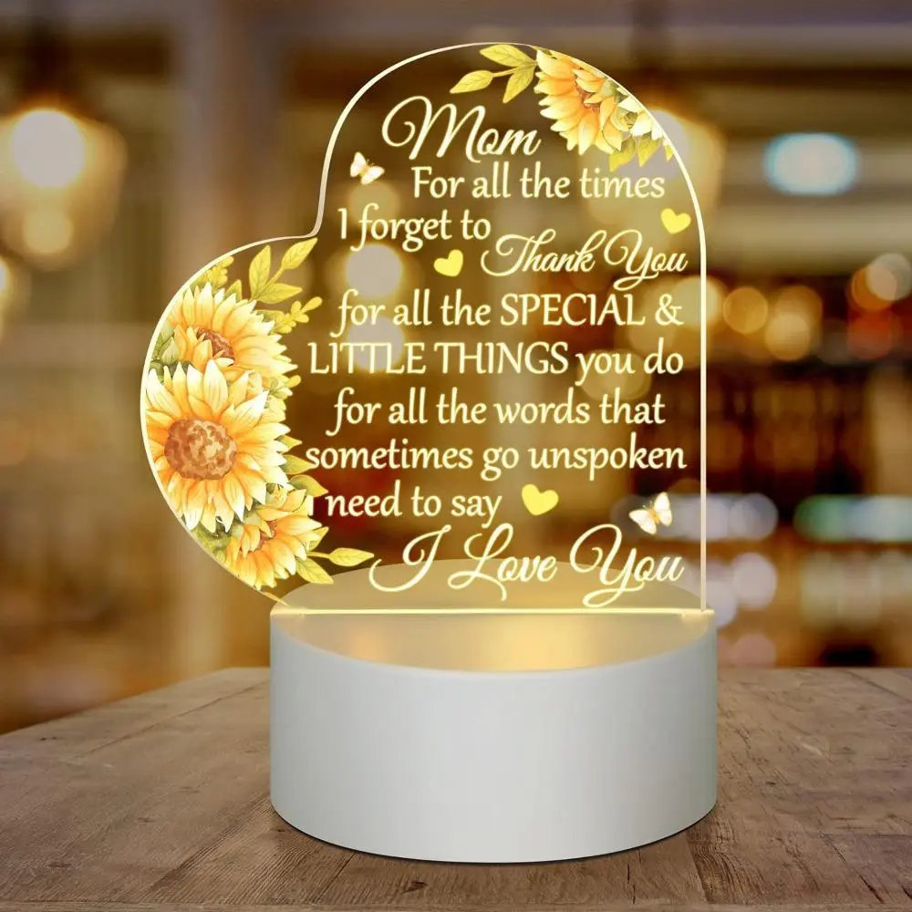 Heart Shaped Acrylic Night Light for Mom, Sunflower Printed Desk Lamp, Thoughtful Gift for Mother’s Day, Birthday, Christmas, Warm Bedroom Home Decor Lamp