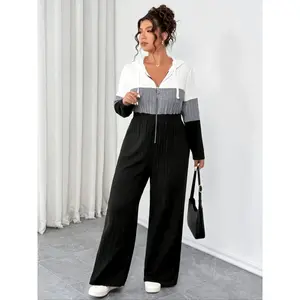 Colorblock Hooded Zip-Waist Wide-Leg Jumpsuit, Loose Fit Casual Fashion Plus Size Long Pants, Comfortable and Stylish One-Piece
