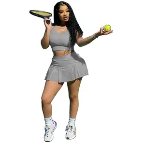 Acelyn Outfits Womens Casual Sports 2 Piece Outfits Skirt Sets Athletic Tank Crop Top Mini Pleated Tennis Golf Skorts Skirts Activewear Athleisure Summer Clothes Sporty Style